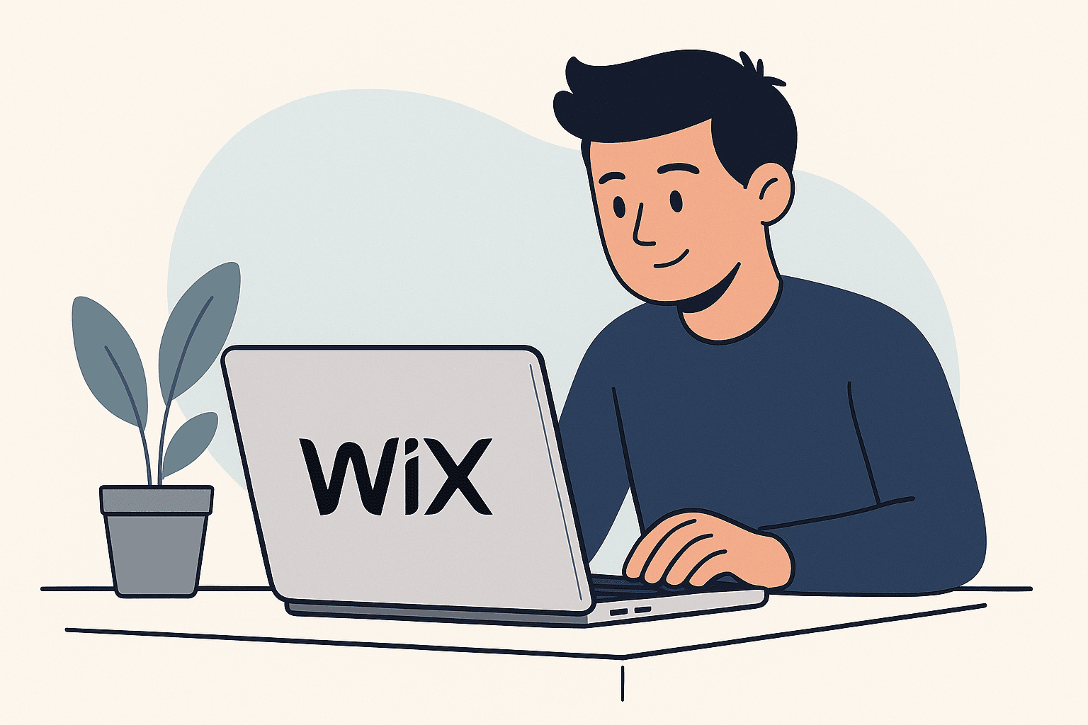 Flat style illustration of a person sitting at a desk using a laptop with the Wix logo on the screen, with a small potted plant beside the laptop.