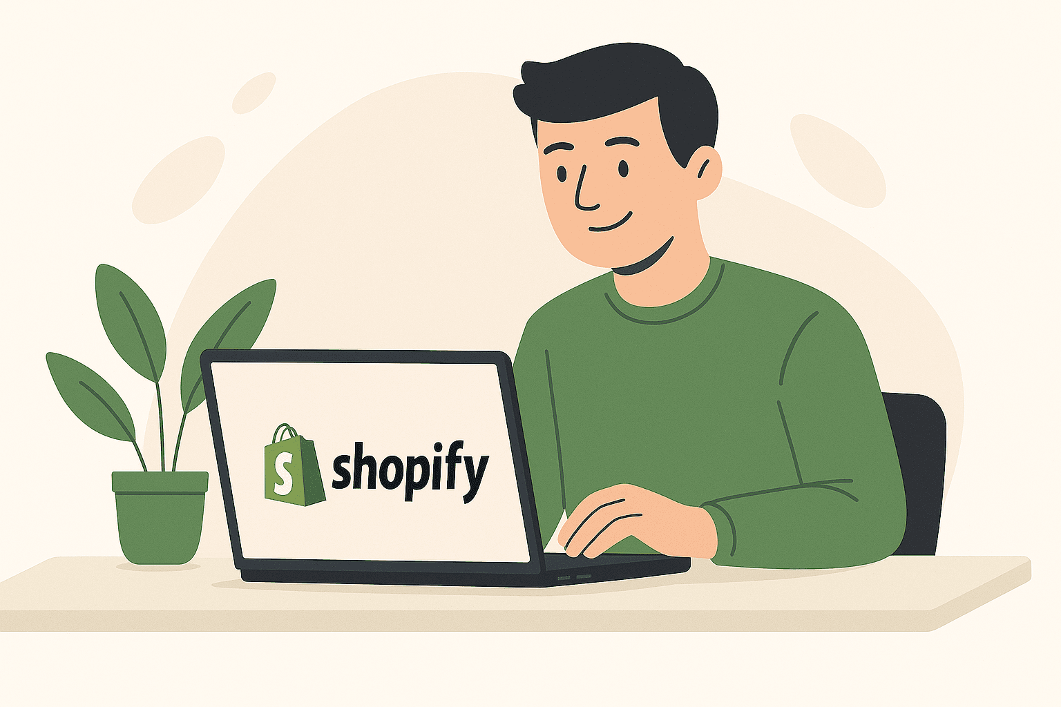 Flat style illustration of a person sitting at a desk using a laptop with the Shopify logo on the screen, with a potted plant beside the laptop.