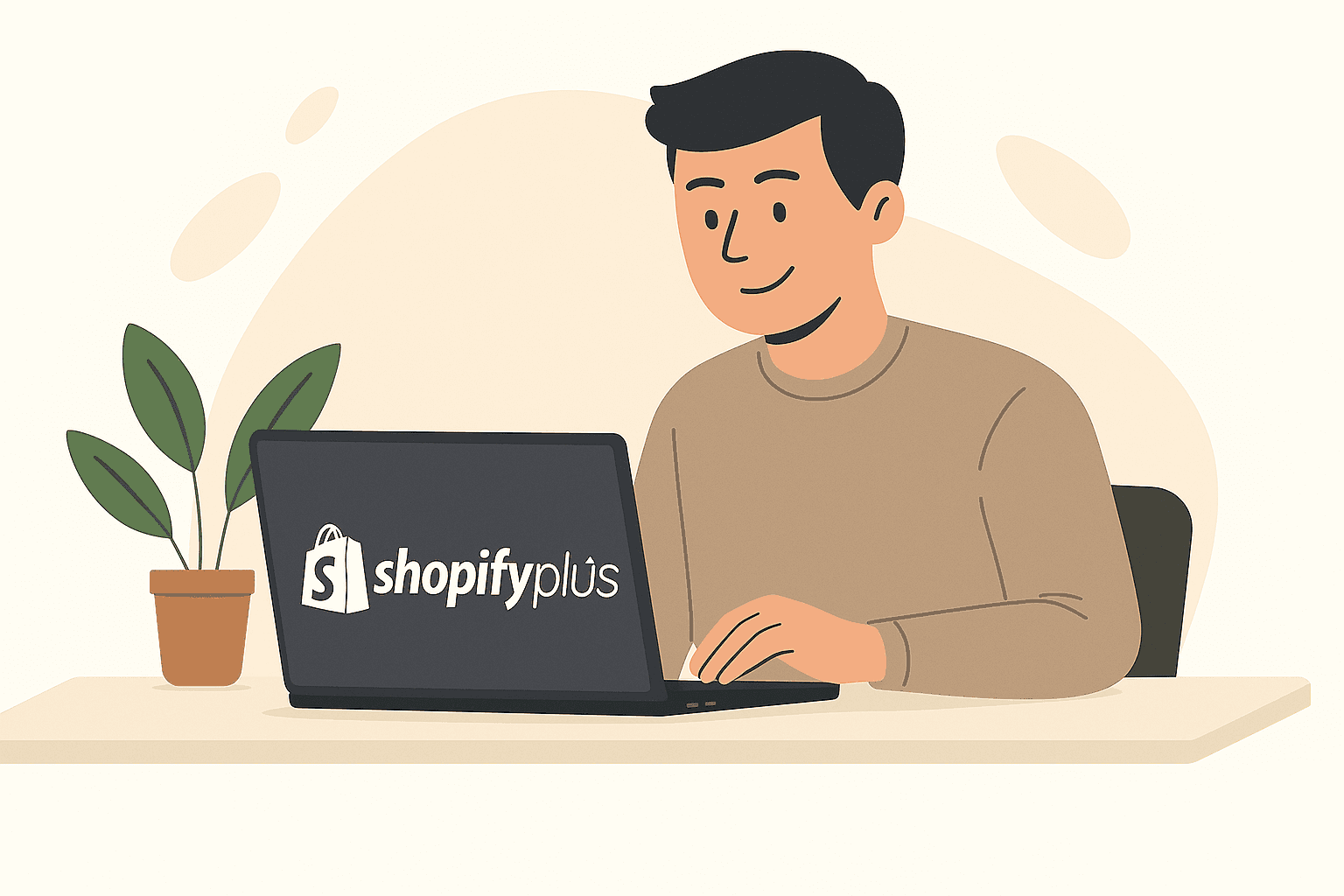Flat-style illustration of a person sitting at a desk using a laptop with the Shopify Plus logo on the screen, with a potted plant beside the laptop.