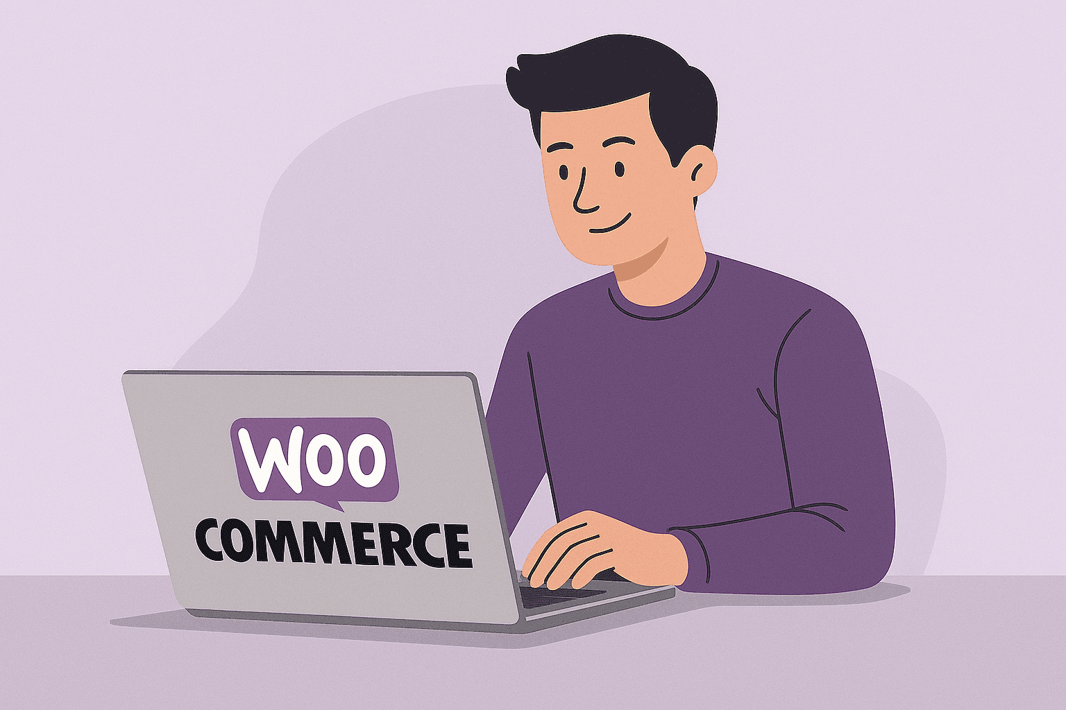 Flat style illustration of a person sitting at a desk using a laptop with the WooCommerce logo on the screen.