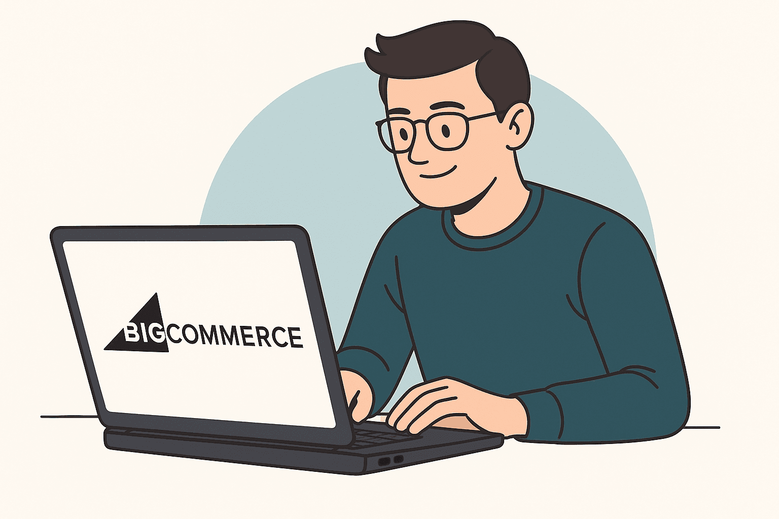 Flat style illustration of a person sitting at a desk using a laptop with the BigCommerce logo on the screen.