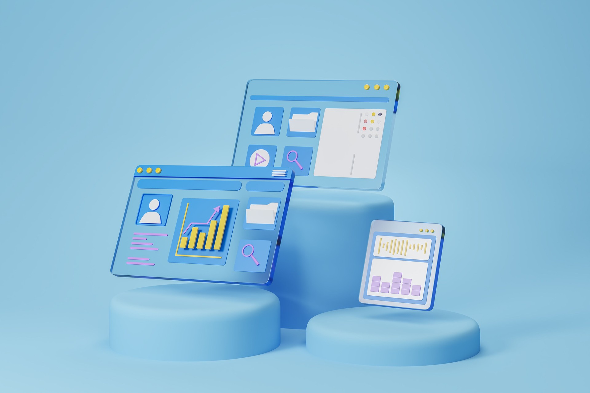 Web screen with business analysis and graphs on podium, financial chart